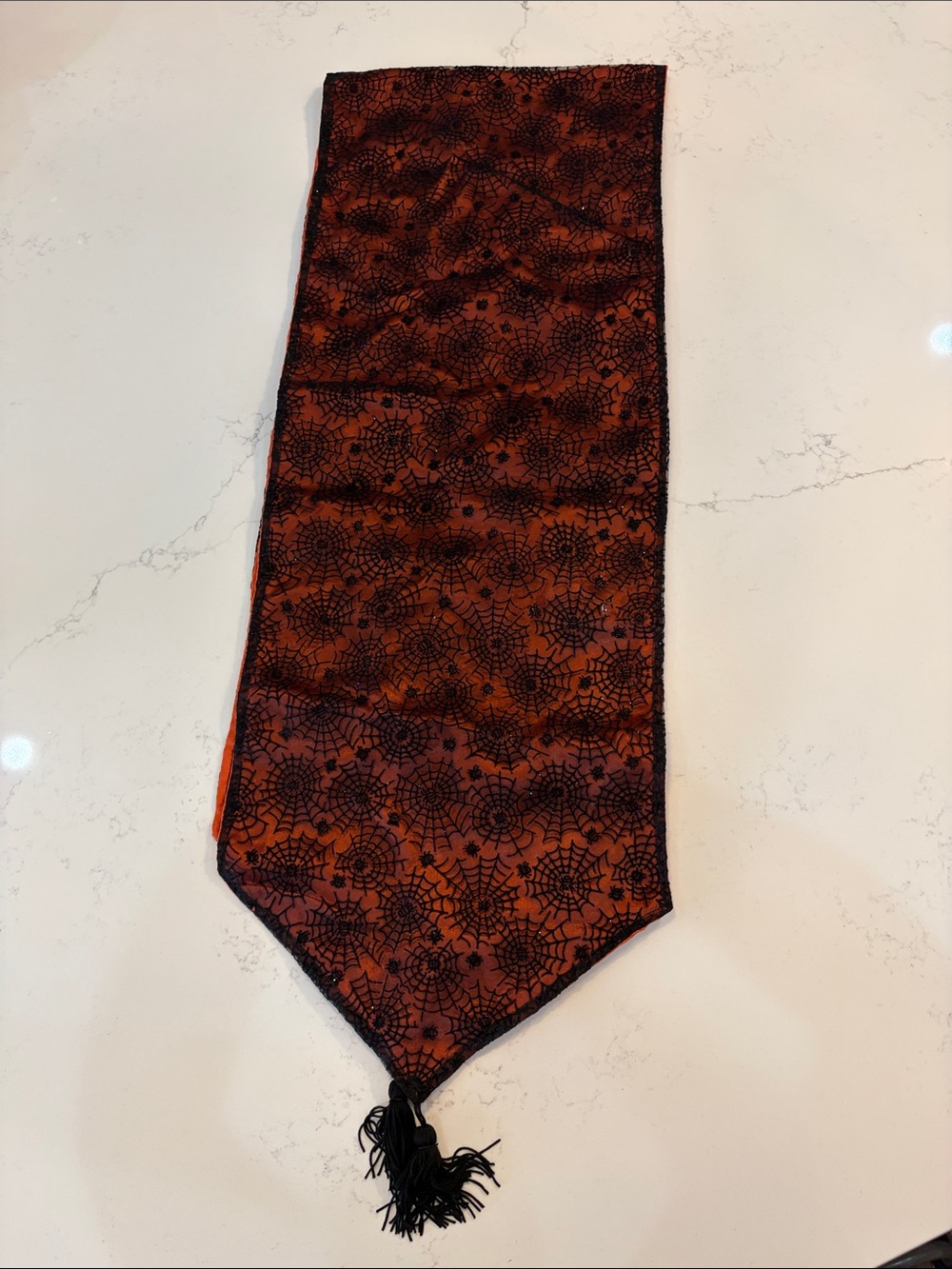 Hallmark Orange and Black Spiderweb Pattern Table Runner with Tassel
